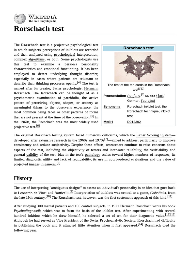 Rorschach Test: Inkblot Personality Analysis | PDF | Cognition | Psychology