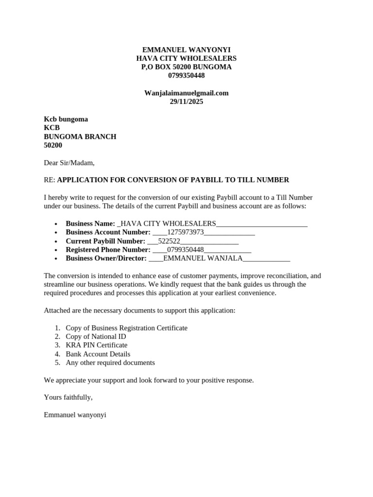 Paybill to Till Number Conversion Request | PDF