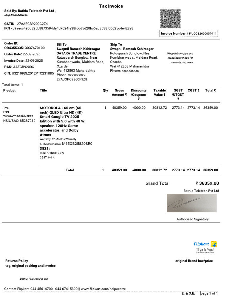 Invoice for Motorola QLED TV Purchase | PDF