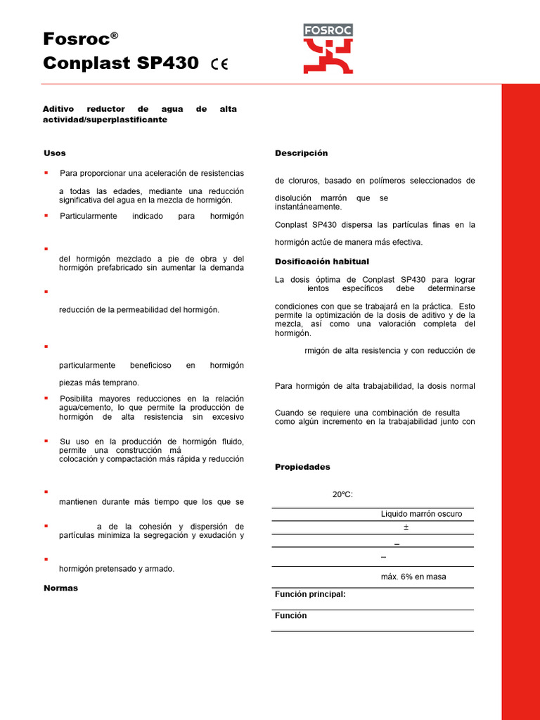 TDS Conplast SP430 151126 | PDF | Hormigón | Agua