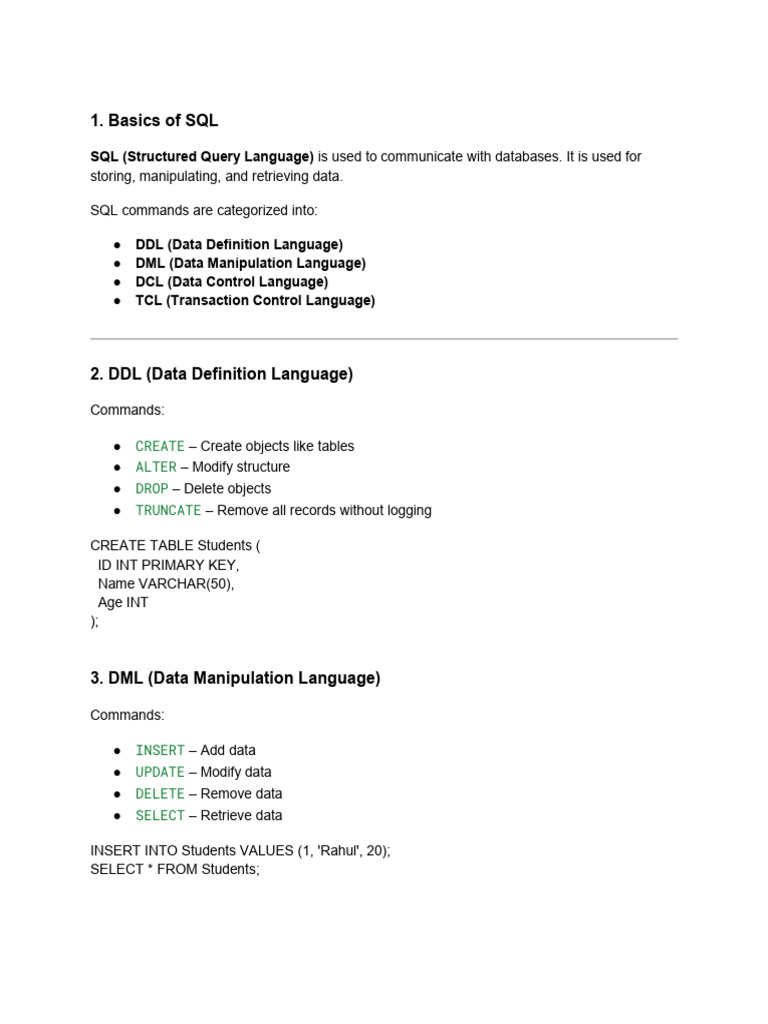 SQL Basics: Commands and Functions Guide | PDF | Sql | Software Engineering
