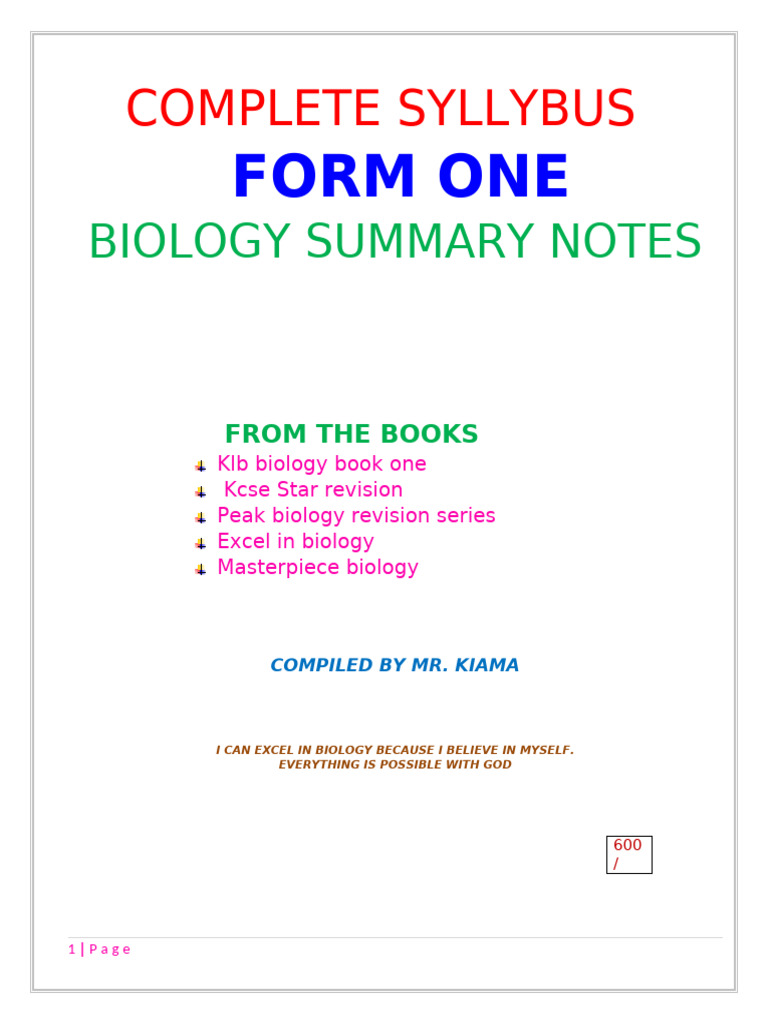 Form One Biology Summary Notes | PDF | Tissue (Biology) | Endoplasmic ...