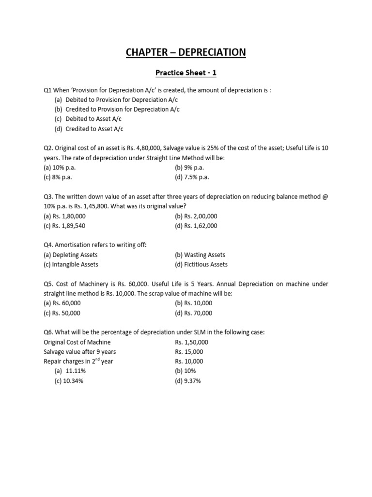 Depreciation Practice Questions Sheet | PDF