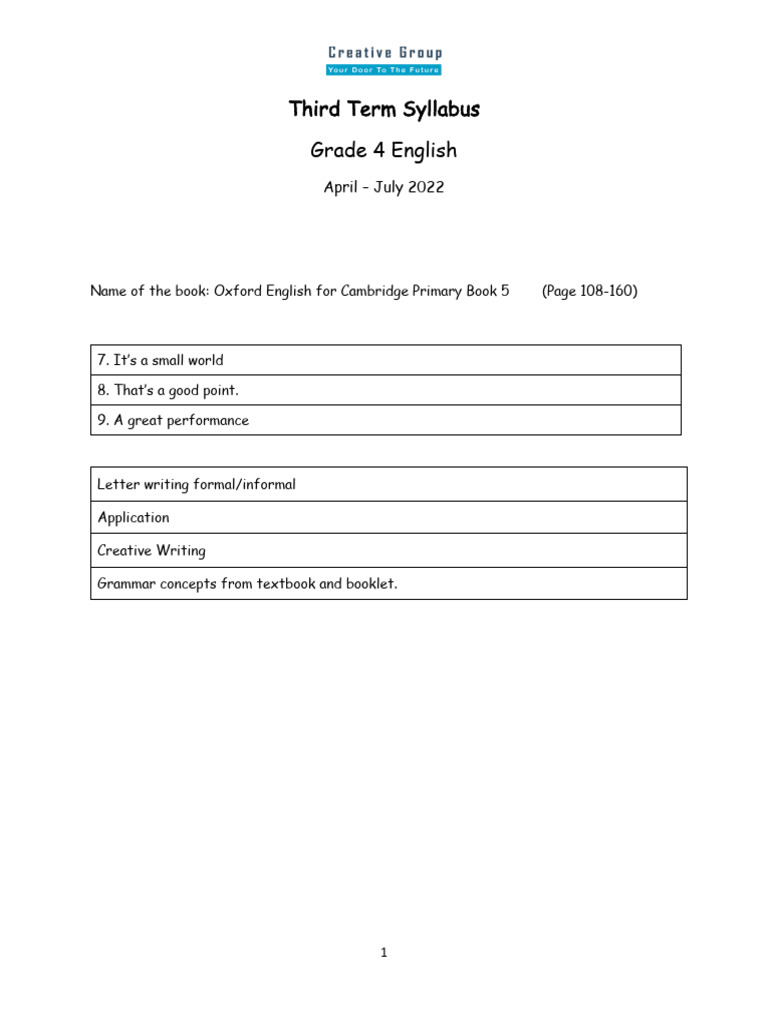 Grade 4 Third Term Syllabus 2022 | PDF | Area | Multiplication