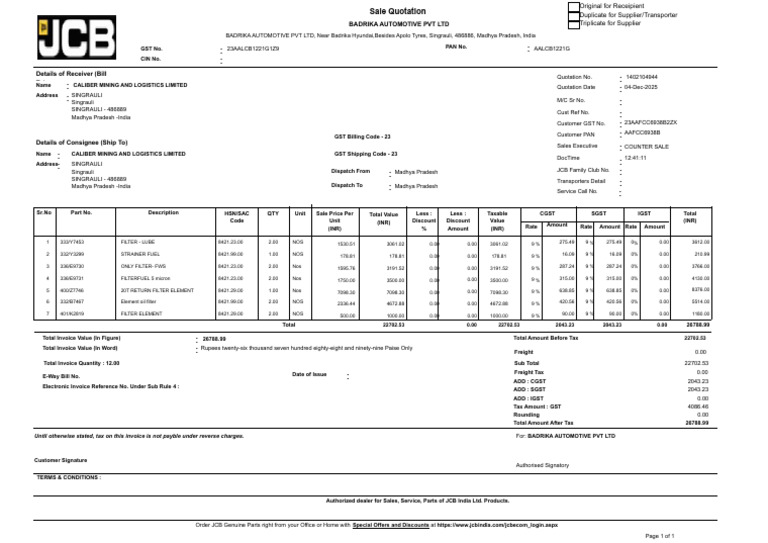 Sale Quotation for JCB Parts | PDF | Accounts Payable | Economy Of India