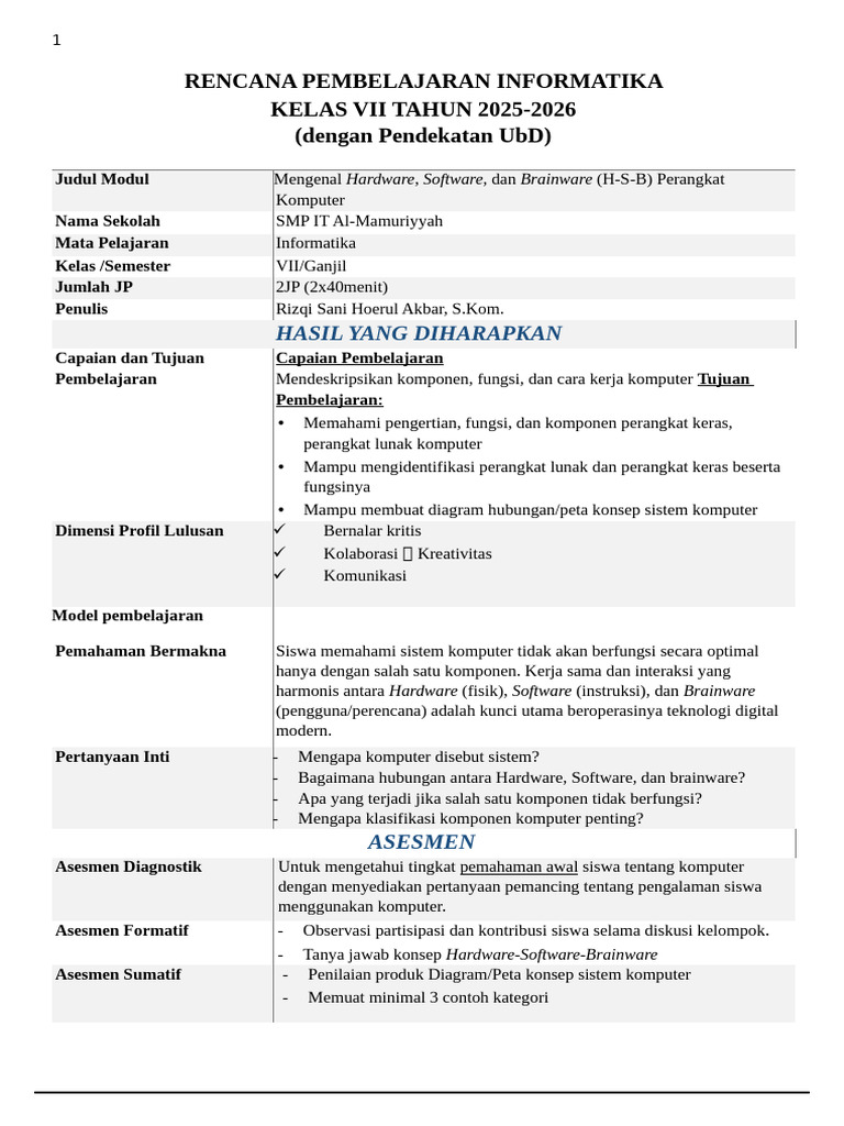 Rencana Pembelajaran Informatika Kelas VII | PDF