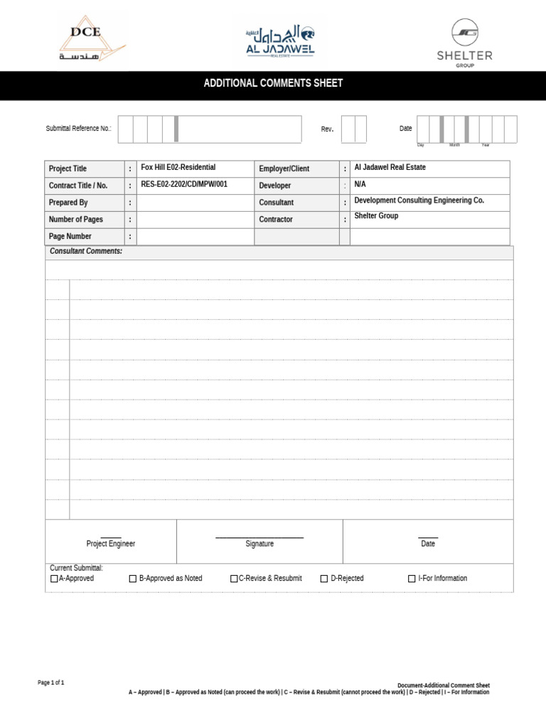 Fox Hill E02 Project Comments Sheet | PDF