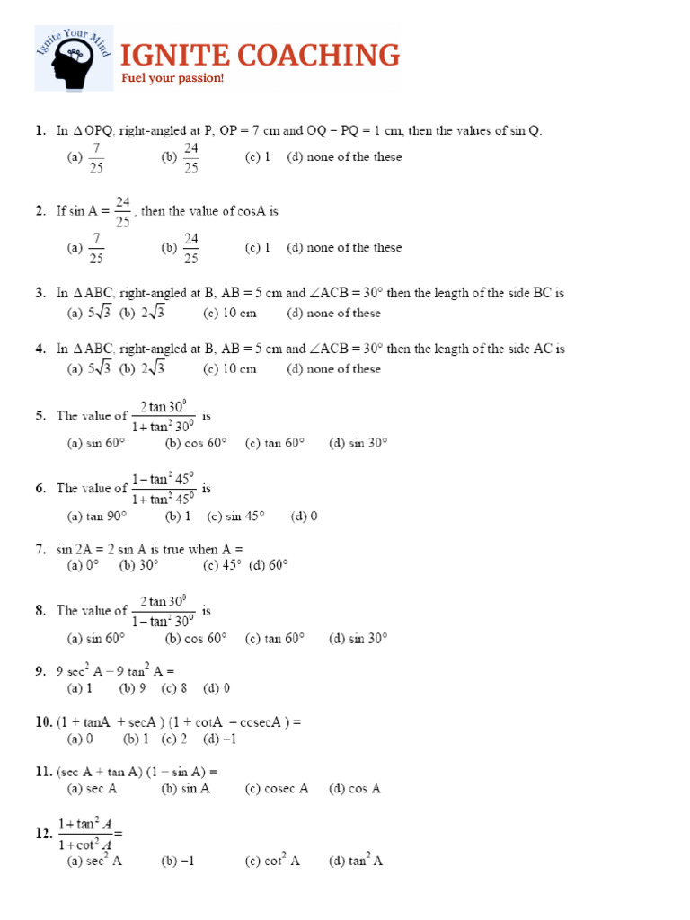 Practice Worksheet 1 - Trigonometry | PDF