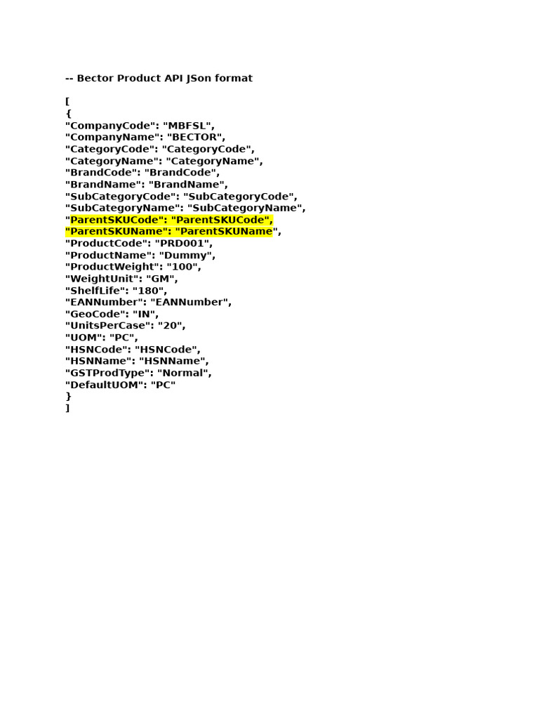 Bector Product API JSON Structure | PDF