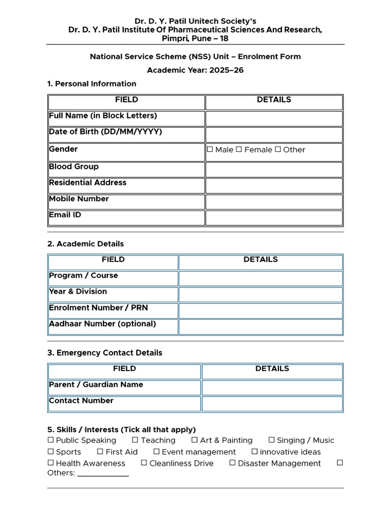 Nss Enrollment Form | PDF