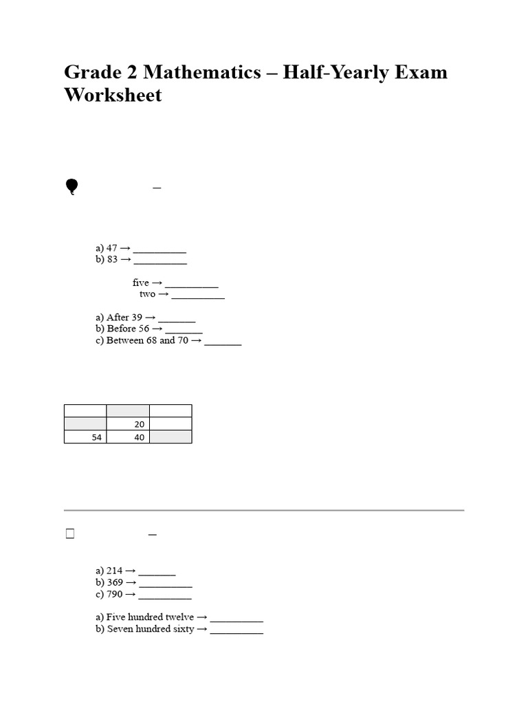 Grade 2 Half-Yearly Math Exam Worksheet | PDF | Mathematics | Chess Theory