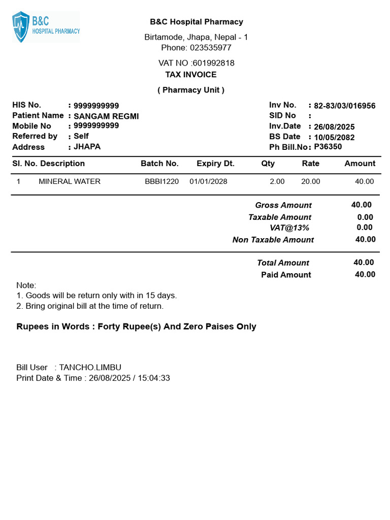 B&C Hospital Pharmacy Tax Invoice | PDF