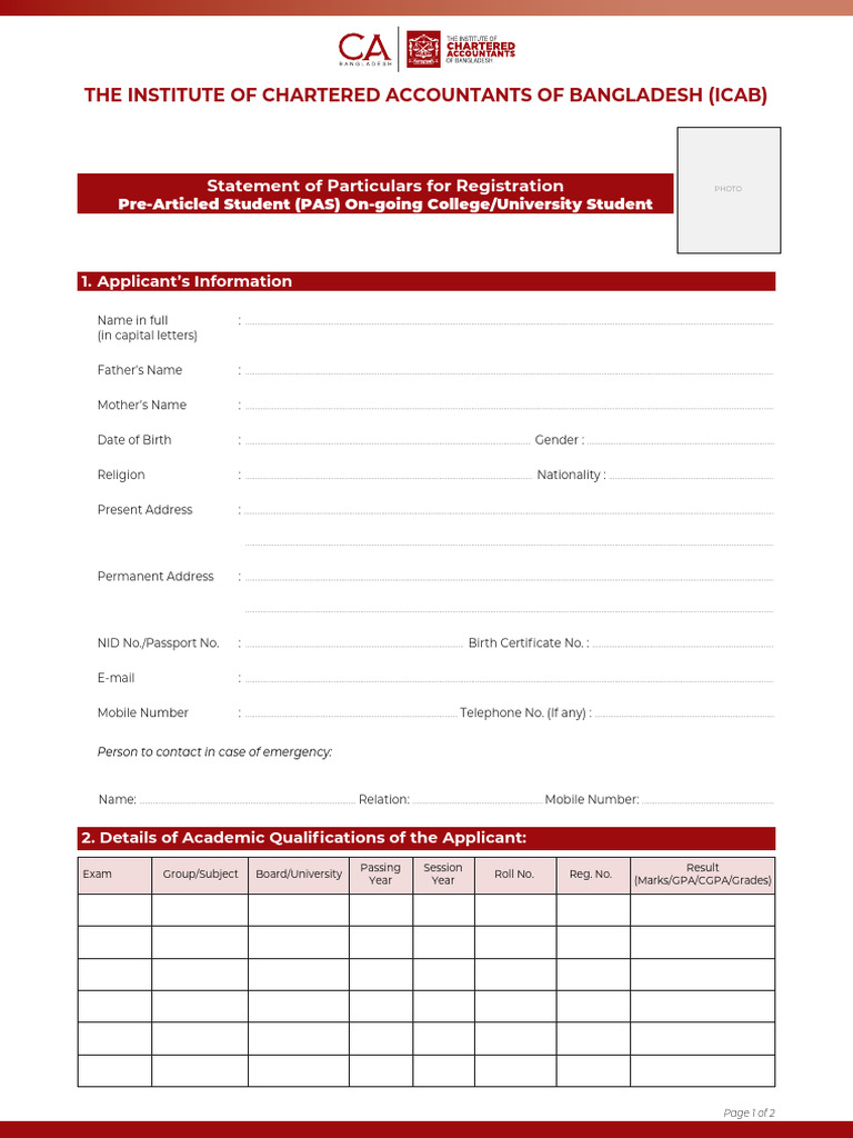 ICAB Pre-Articled Student Registration Form | PDF | Birth Certificate ...