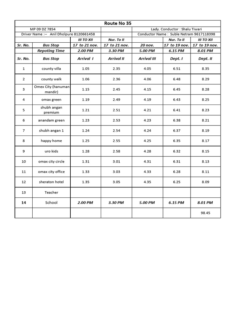 Bus Schedule for Route No 35 | PDF