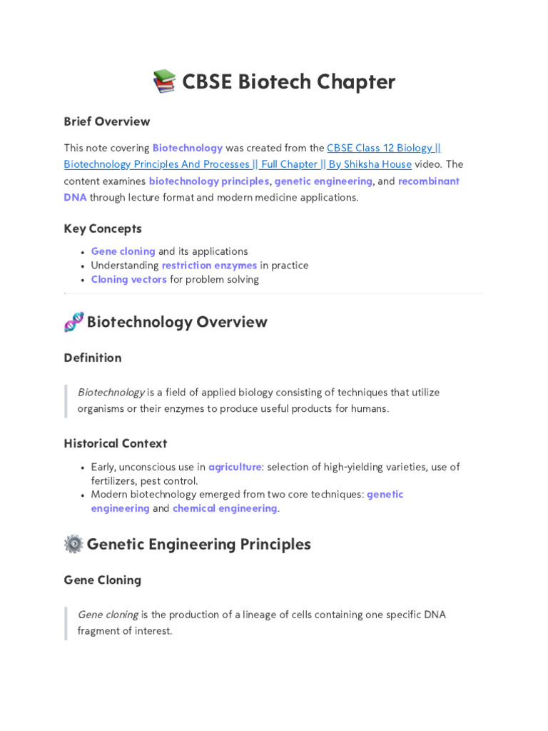 CBSE Class 12 Biology - Biotechnology Principles and Processes - Full ...