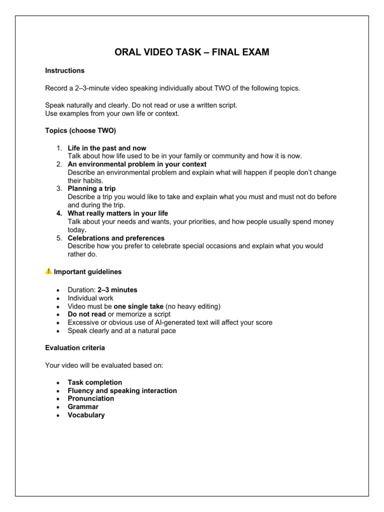 Oral Video Task Guidelines for Exam | PDF