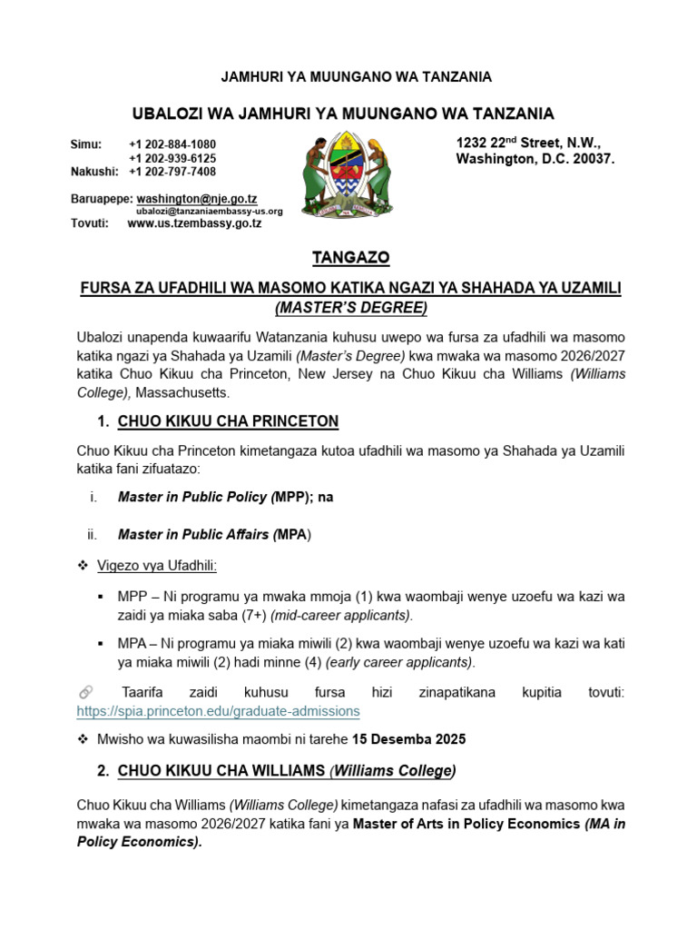 Fursa Za Ufadhili Wa Masomo, Novemba 2025 | PDF