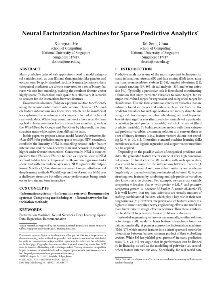 (NFM) Neural Factorization Machines For Sparse Predictive Analytics ...