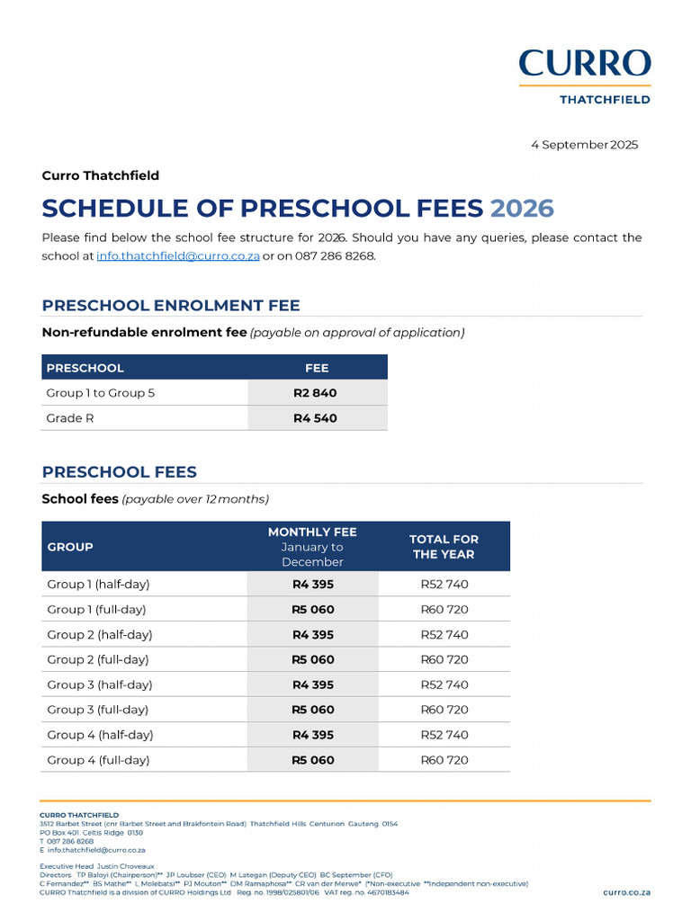 Curro Thatchfield 2026 Preschool Fee Letter Finalv2 For Web | PDF