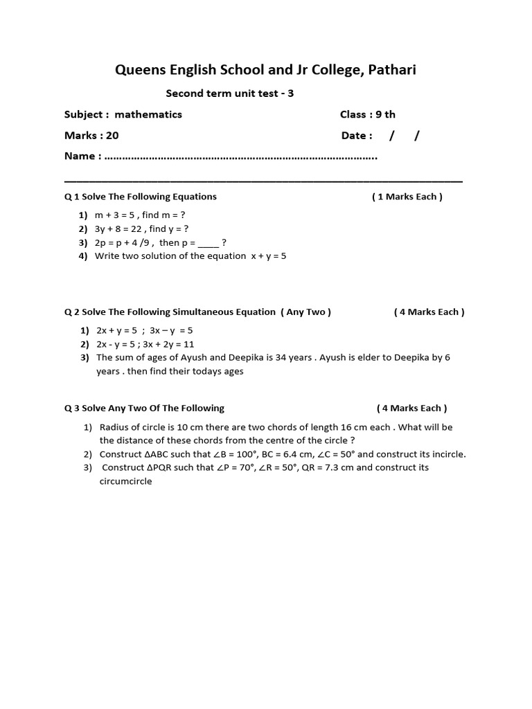 Class 9 Math Unit Test - Queens English School | PDF