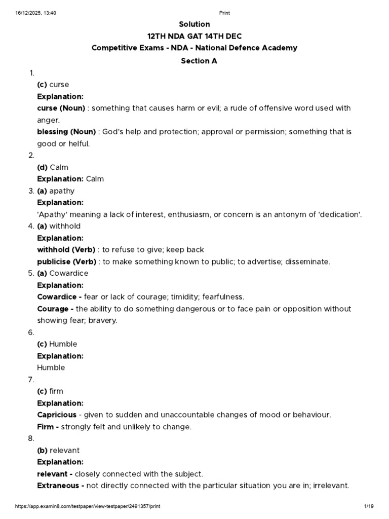 NDA GAT Exam Solutions and Explanations | PDF