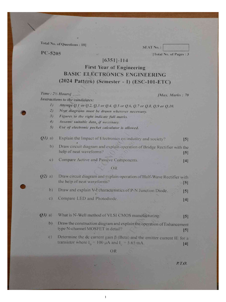 BXE End SEM Question Paper 2024 Pat | PDF