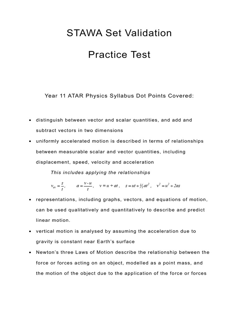 Year 11 Physics Validation Practice Test | PDF | Force | Acceleration