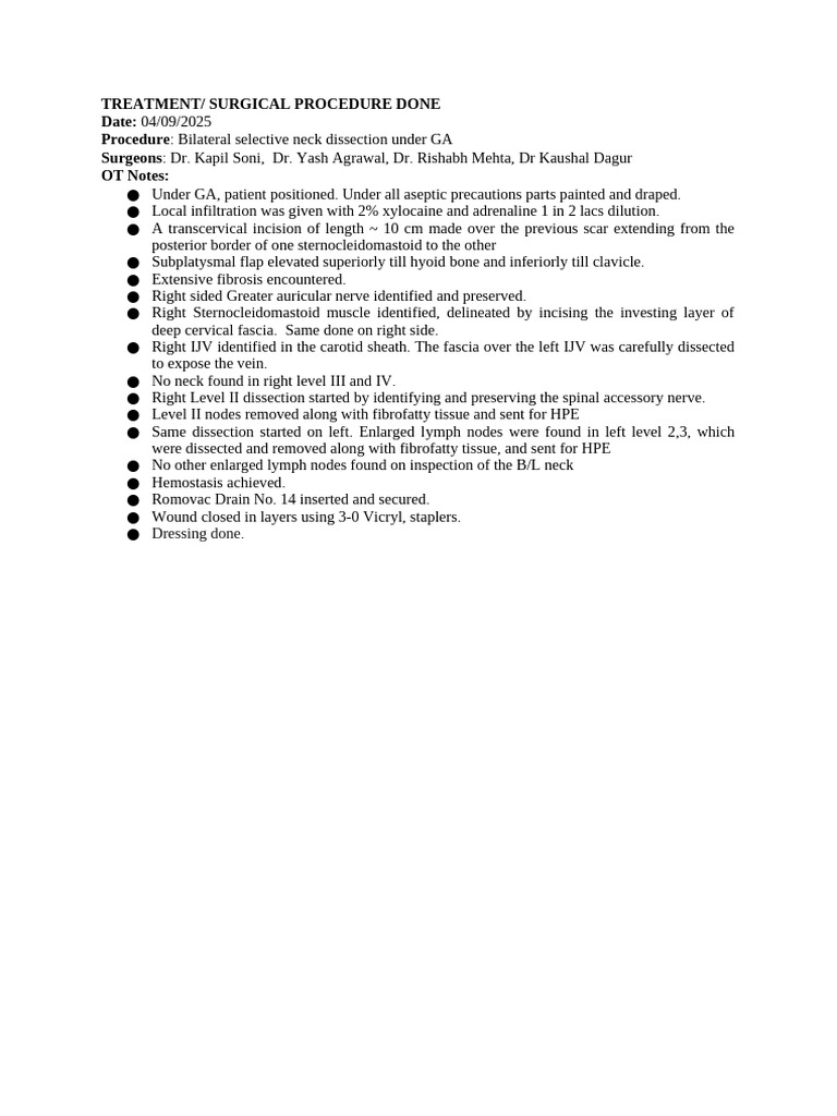 Gera Devi Neck Dissection OT Notes | PDF
