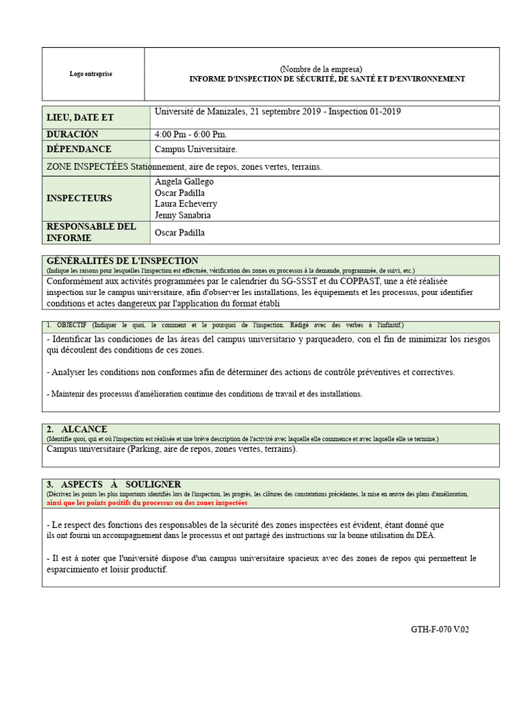 Rapport d'Inspection Sécurité Universitaire | PDF | Risque | Stationnement