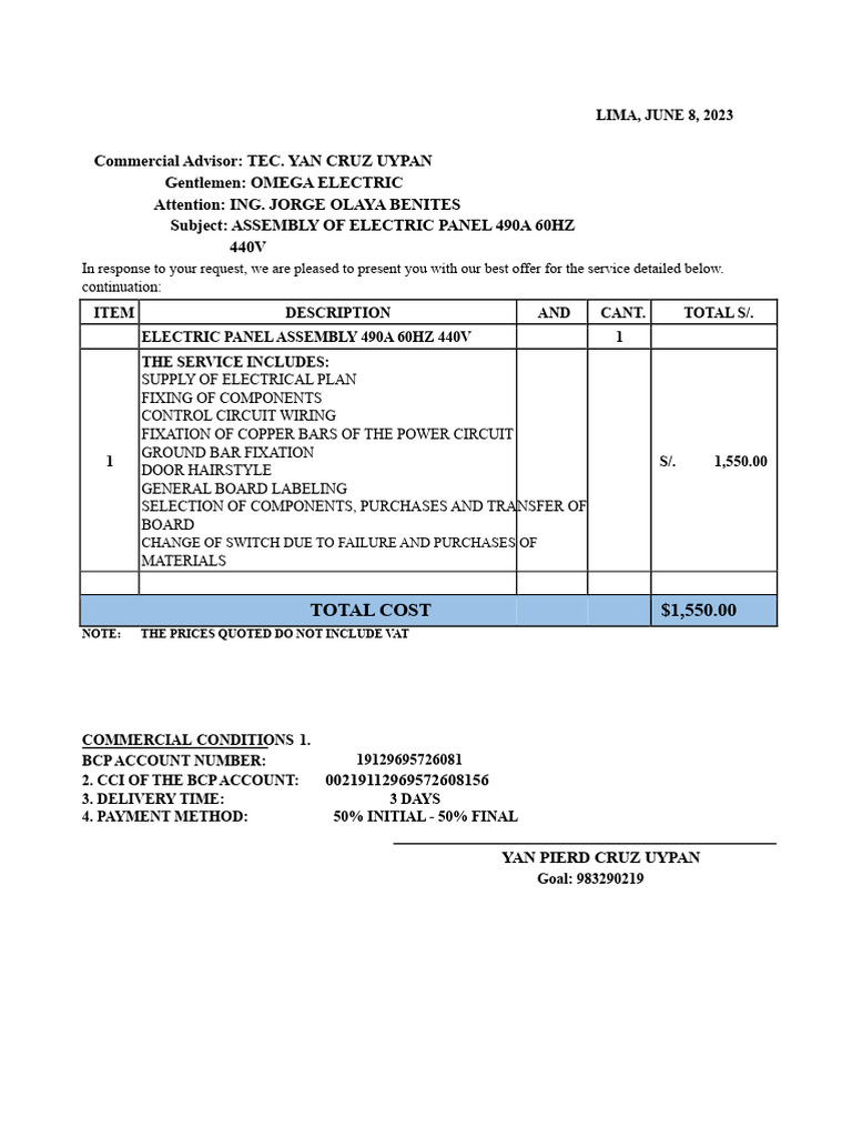 Electric Panel Assembly Quote 490A 60HZ | PDF