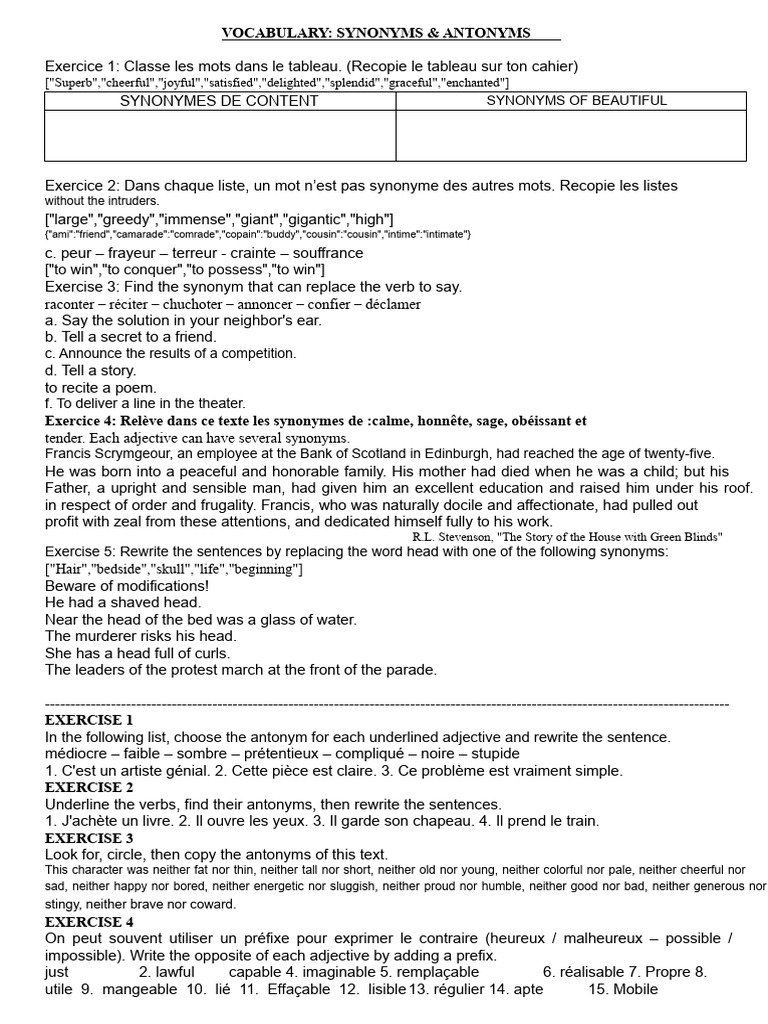 Vocabulary Exercises: Synonyms & Antonyms | PDF | Semantic Units ...