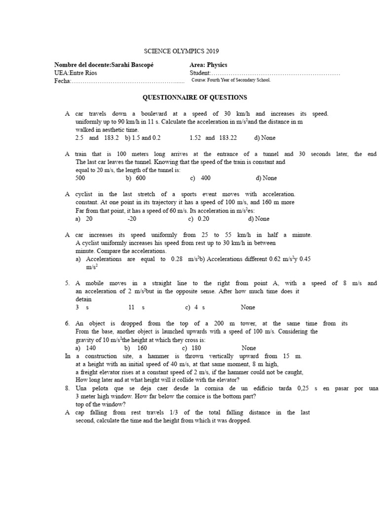 Science Olympics 2019 Physics Questions | PDF | Force | Acceleration