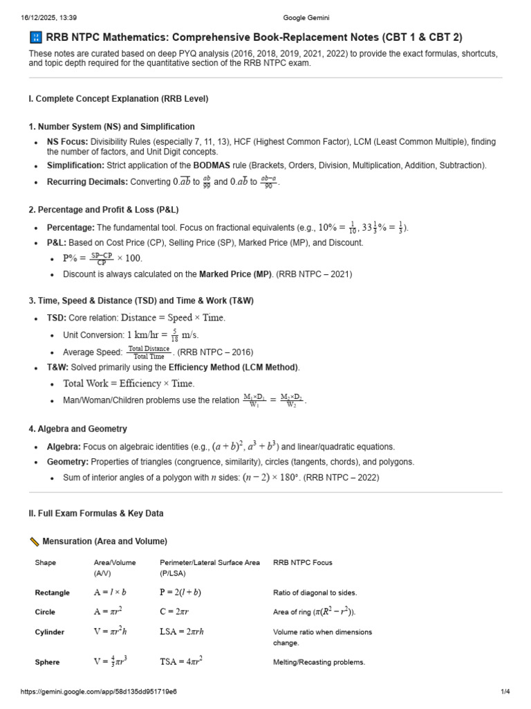 RRB NTPC Math Study Notes & Formulas | PDF | Area | Geometry