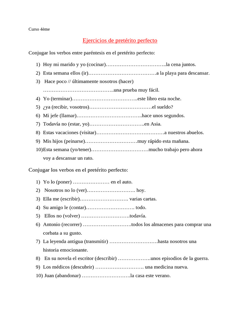 Ejercicios de Pretérito Perfecto en Español | PDF