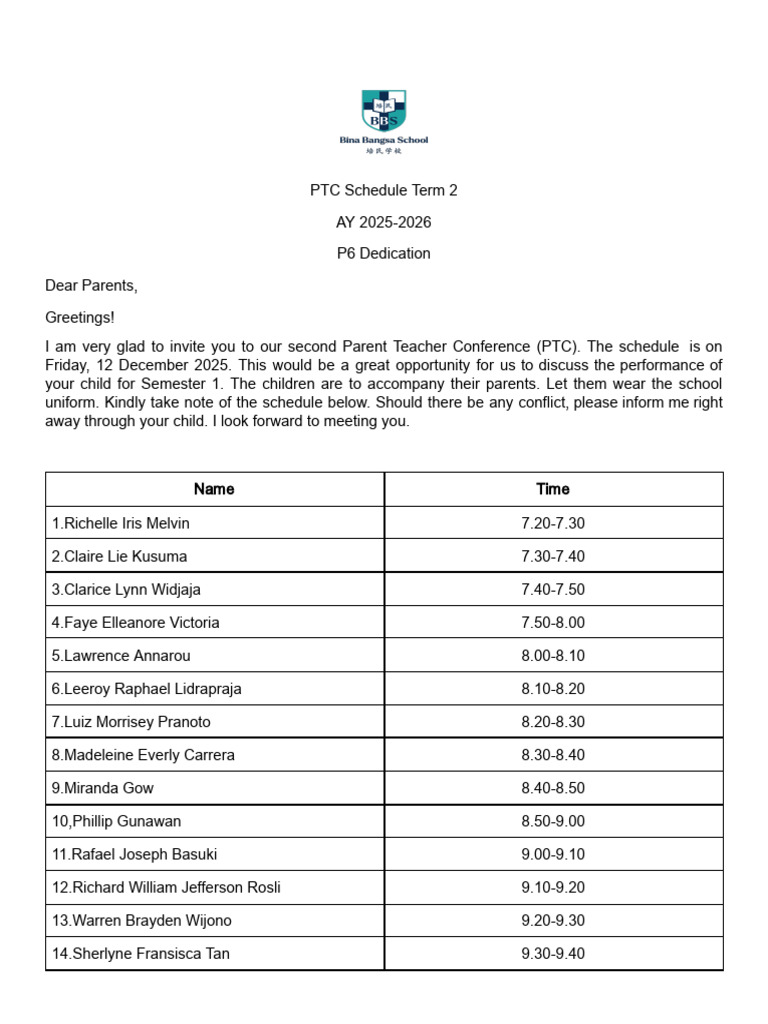 PTC Schedule for Term 2 2025-2026 | PDF