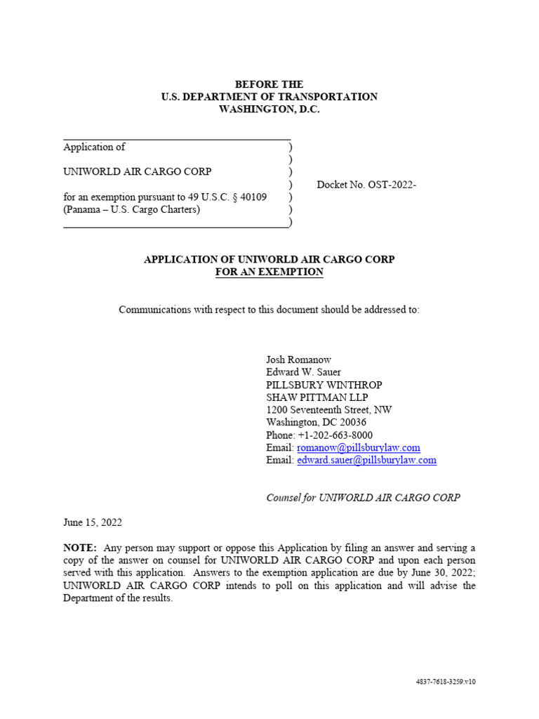 Uniworld Air Cargo Exemption Application | PDF | Aviation Accidents And ...