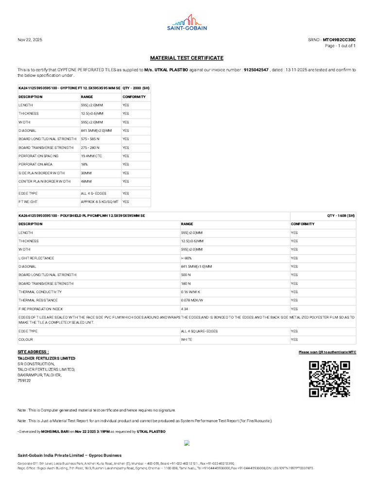 Material Test Certificate | PDF | Physical Sciences | Applied And ...