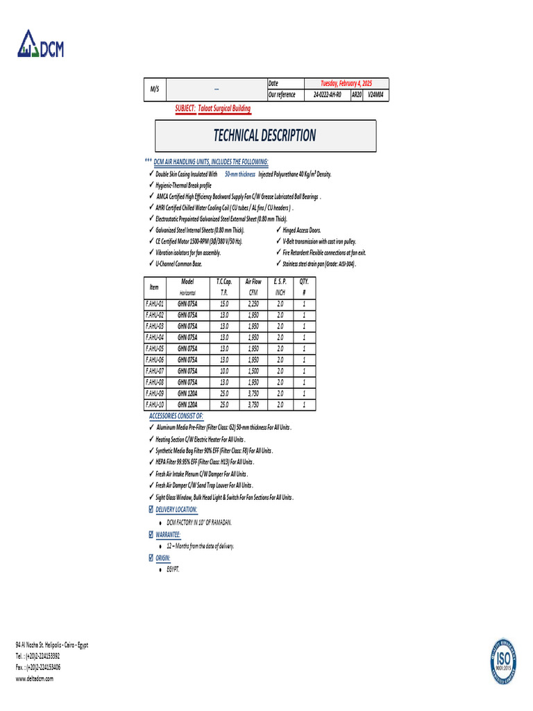 DCM Air Handling Unit Specifications | PDF | Humidity | Sound