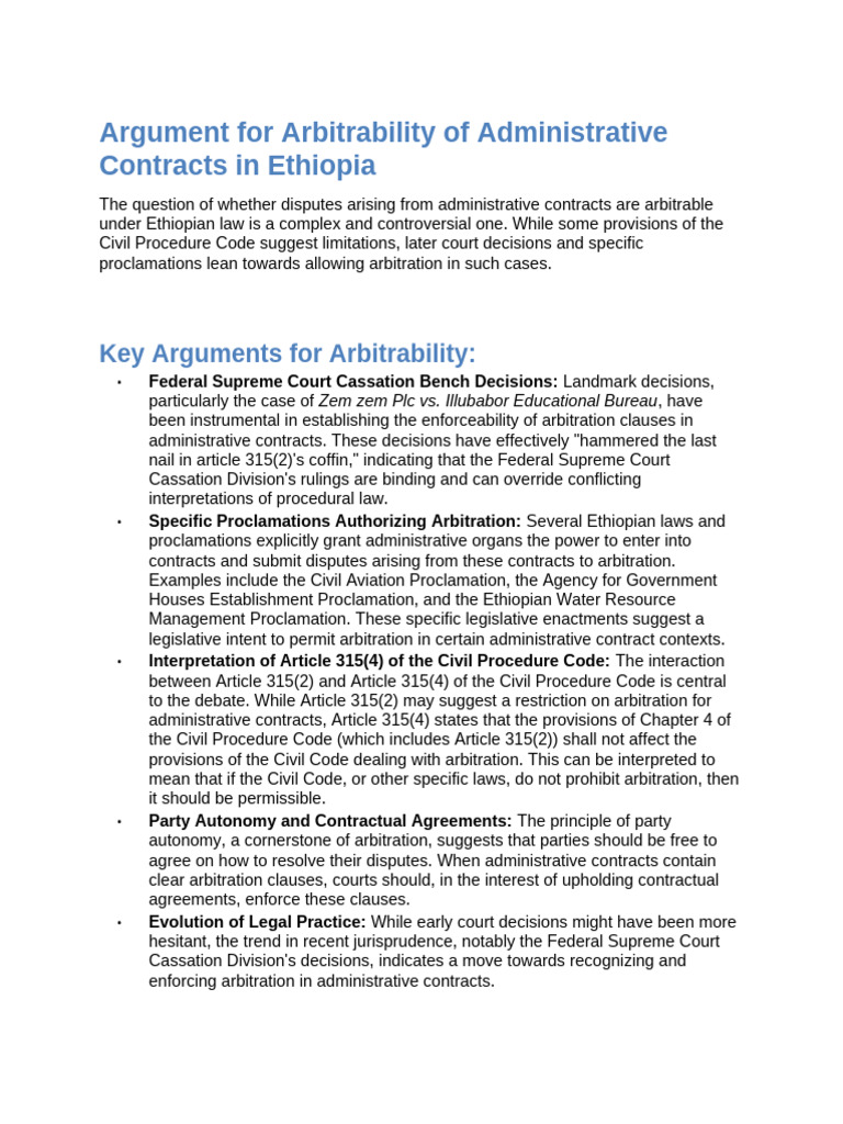Arbitrability of Administrative Contracts in Ethiopia | PDF ...