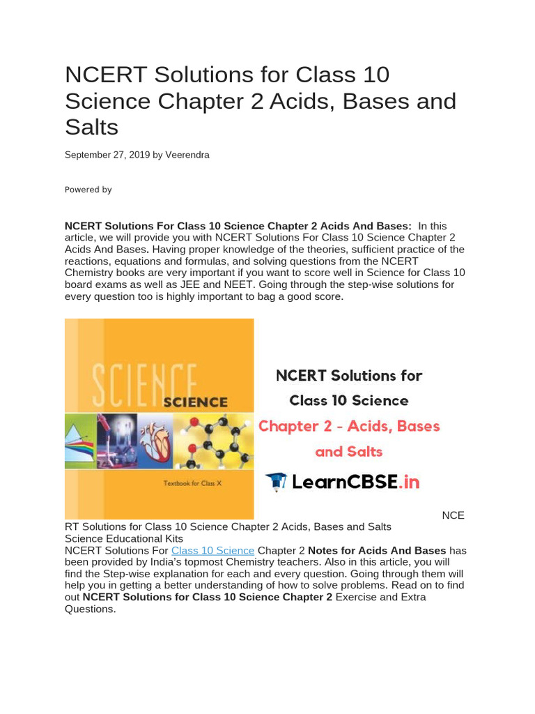 NCERT Solutions For Class 10 Science Chapter 2 Acids | PDF