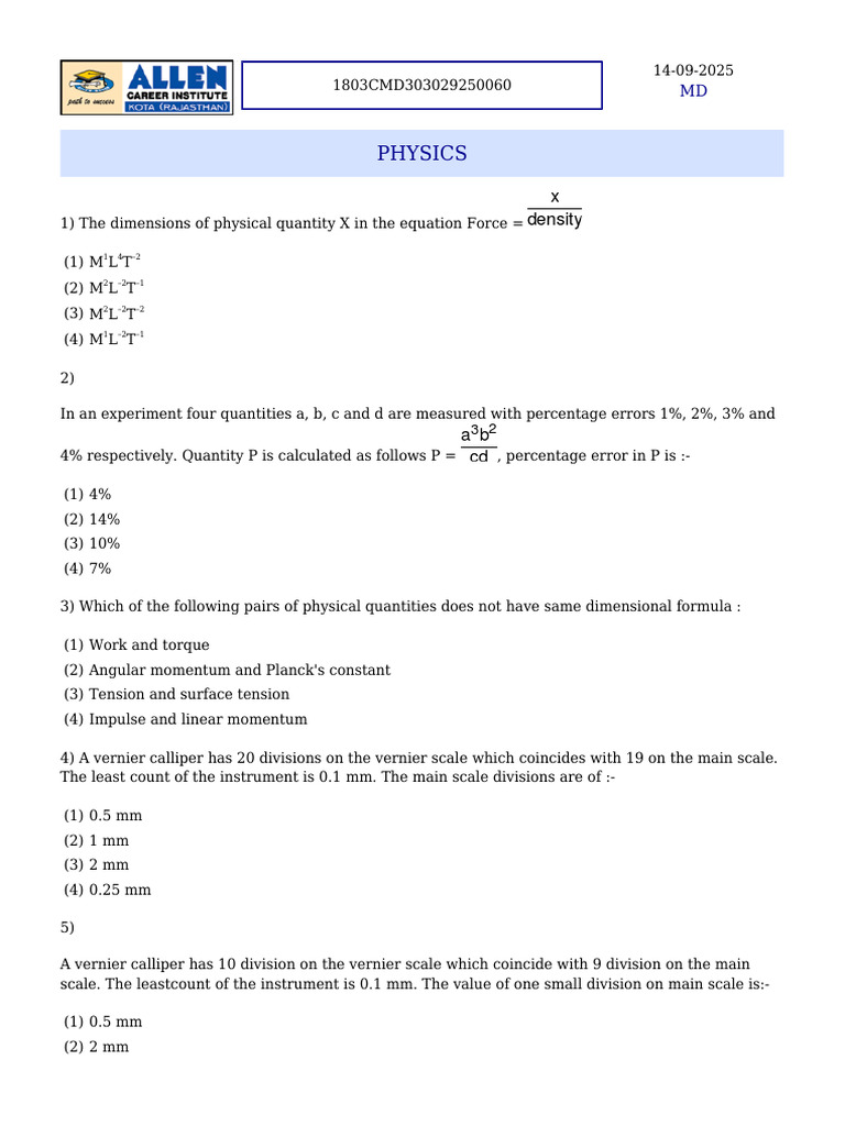 Physics and Chemistry Problem Set | PDF | Ph | Velocity
