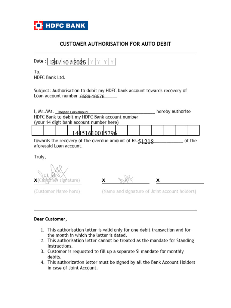 HDFC Auto Debit Authorization Form | PDF