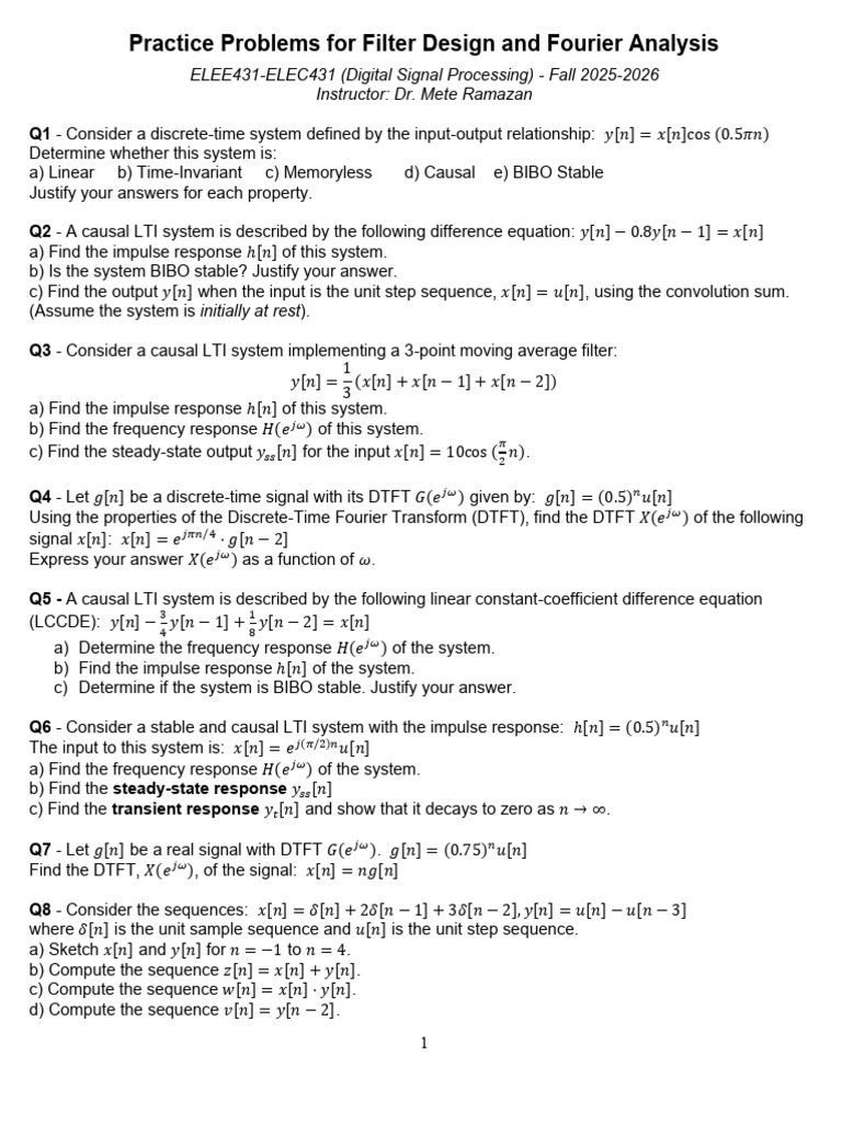 Filter Design and Fourier Analysis Problems | PDF | Signal Processing ...