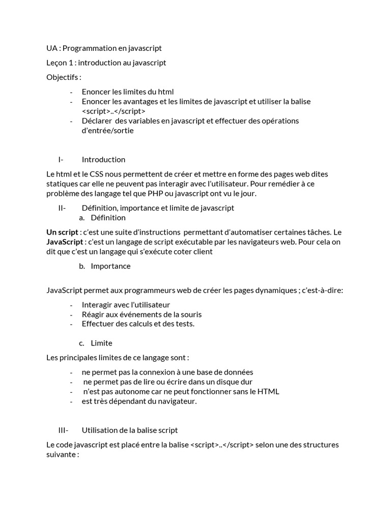 Introduction au JavaScript et variables | PDF | JavaScript | Langage de ...