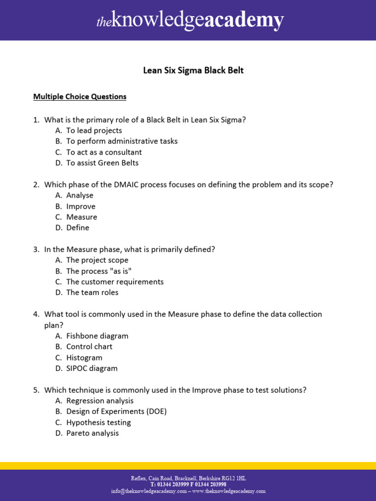 Lean Six Sigma Black Belt Quiz Questions | PDF | Six Sigma | Student's ...