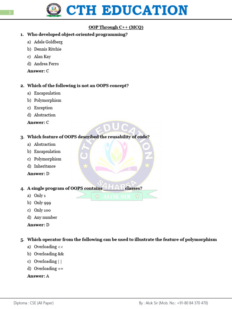 C++ OOP MCQs for Diploma CSE Students | PDF | Class (Computer ...