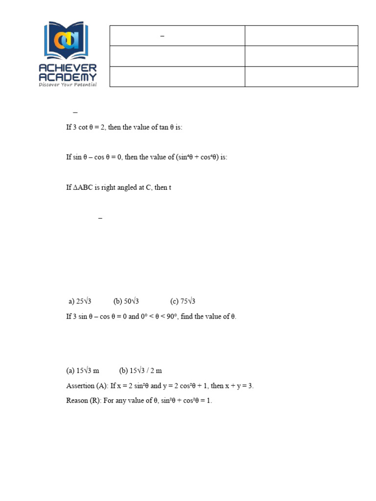 Trigonometry Practice Questions and Solutions | PDF | Trigonometry ...