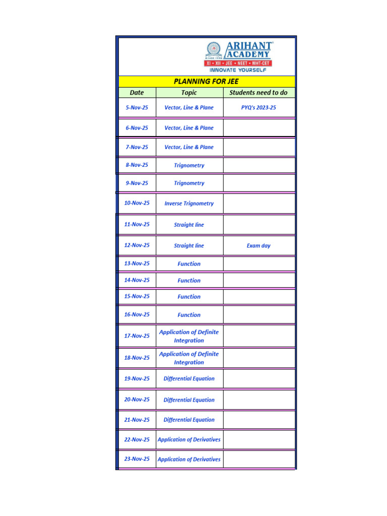 JEE Exam Study Schedule 2025 | PDF