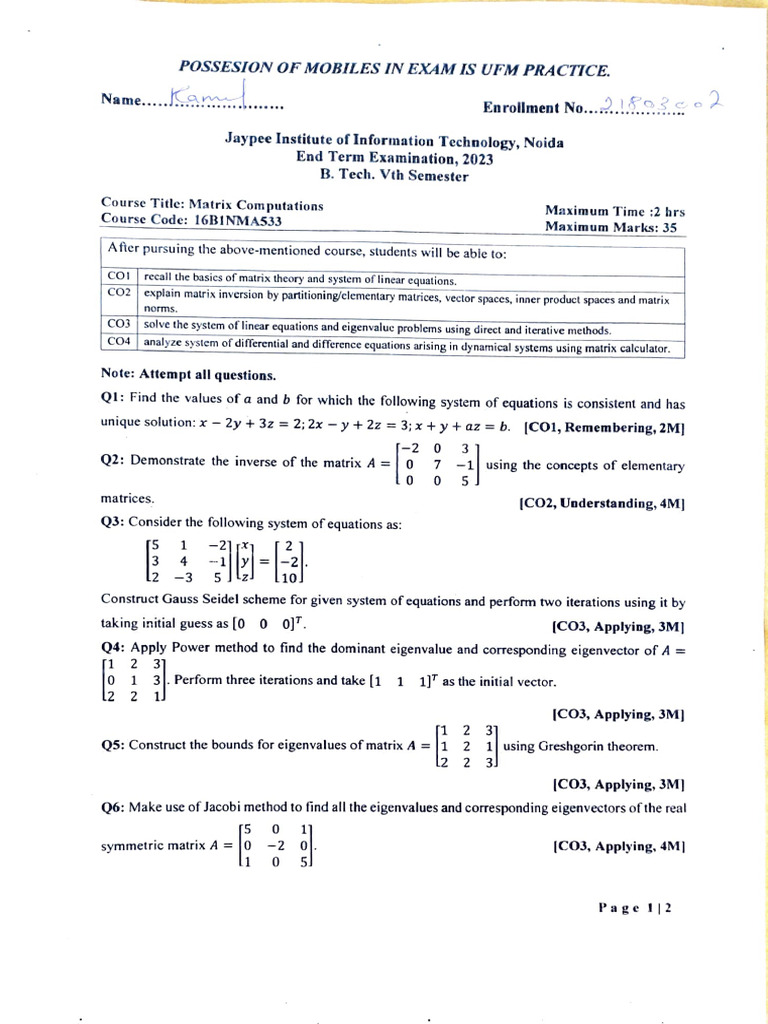 Matrix Computations Exam Guide 2023 | PDF | Matrix (Mathematics ...
