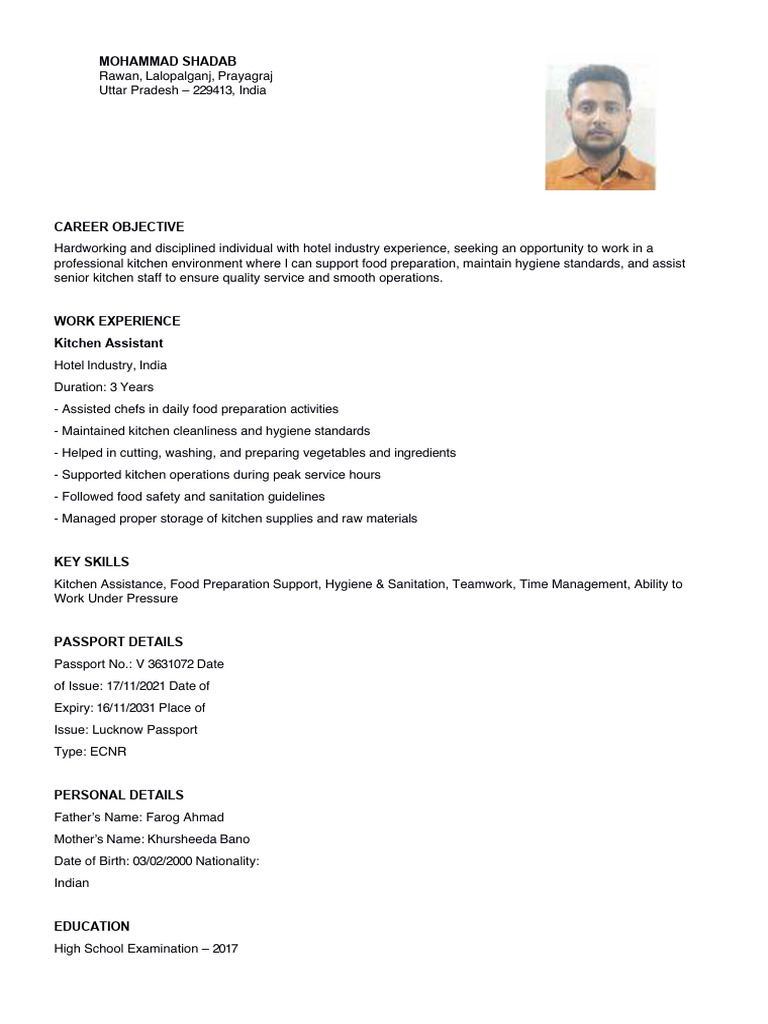Kitchen Assistant Resume - Mohammad Shadab | PDF